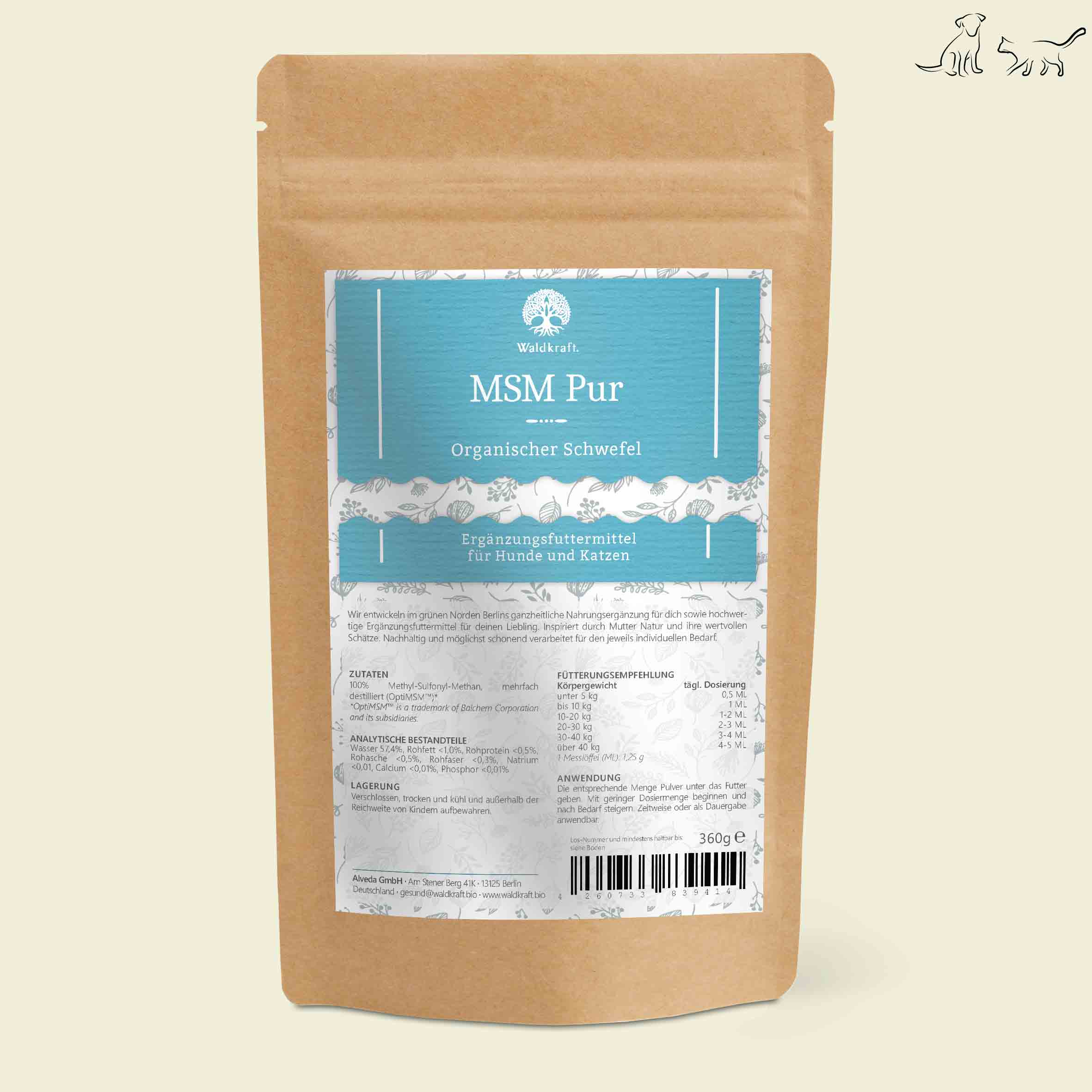 MSM Pur - Organischer Schwefel - OptiMSM® für Hunde und Katzen - Nachfüllpack 360g