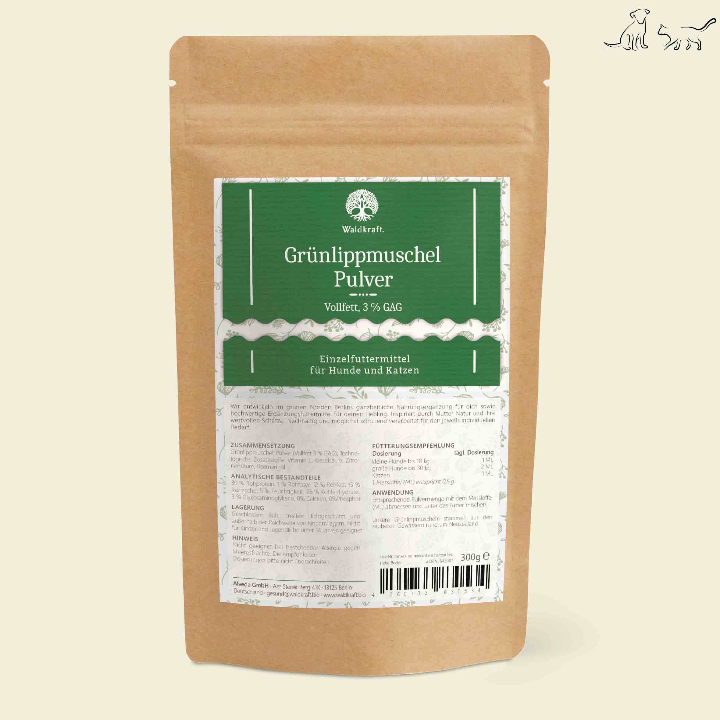 Grünlippmuschelpulver - Vollfett 3% - Nachfüllpack 300g