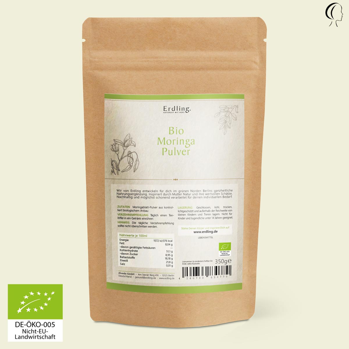 BIO Moringa Pulver - Standbodenbeutel 350g — Bild 1