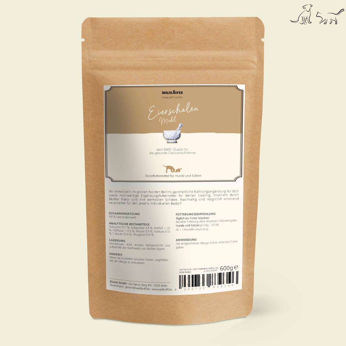 Eierschalenmehl - natürliche Kalziumquelle für Hunde & Katzen - Nachfüllpack 600g