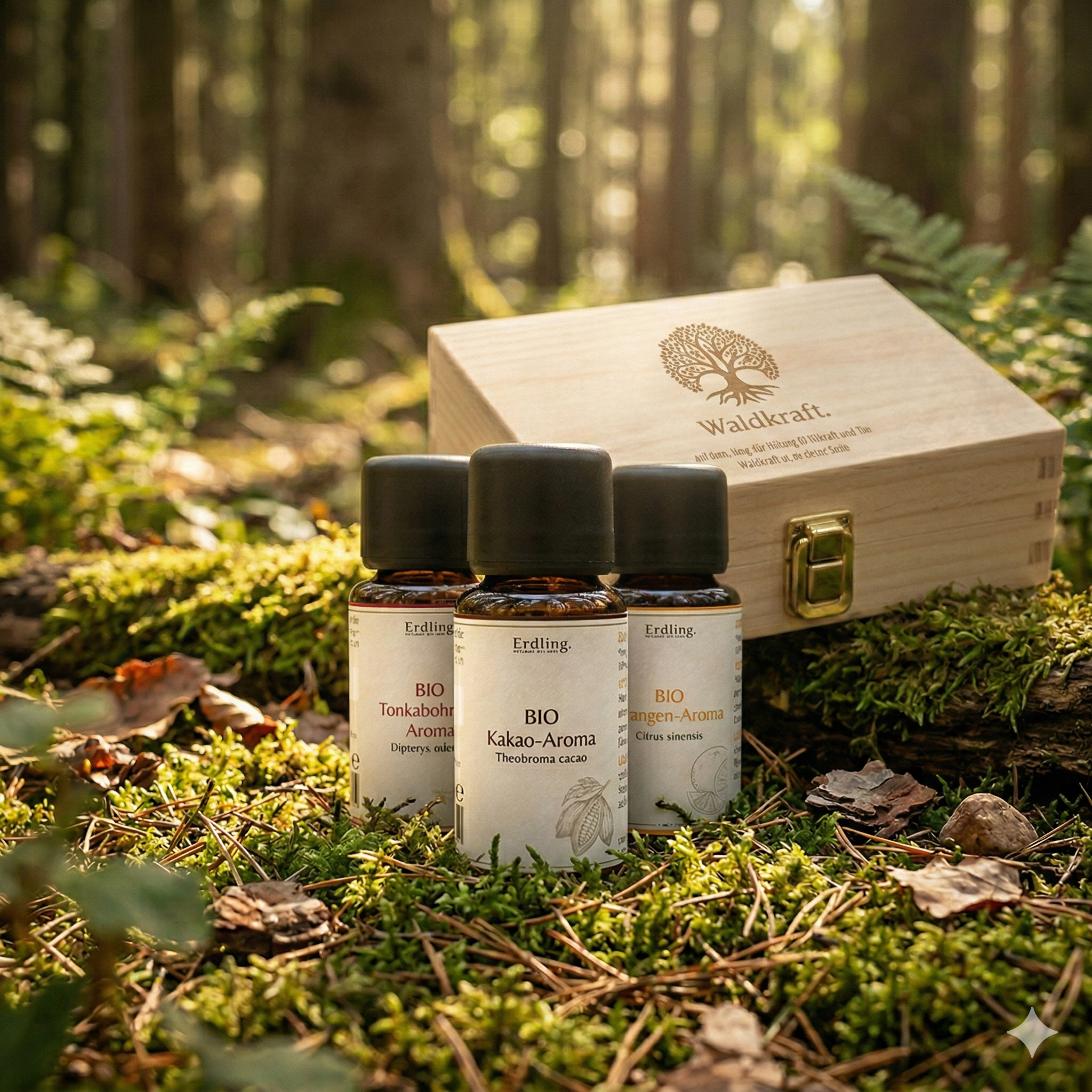 Set: BIO Aromen Goldrausch - Kakao + Tonka + Orange + gratis Holzbox - 3x10ml