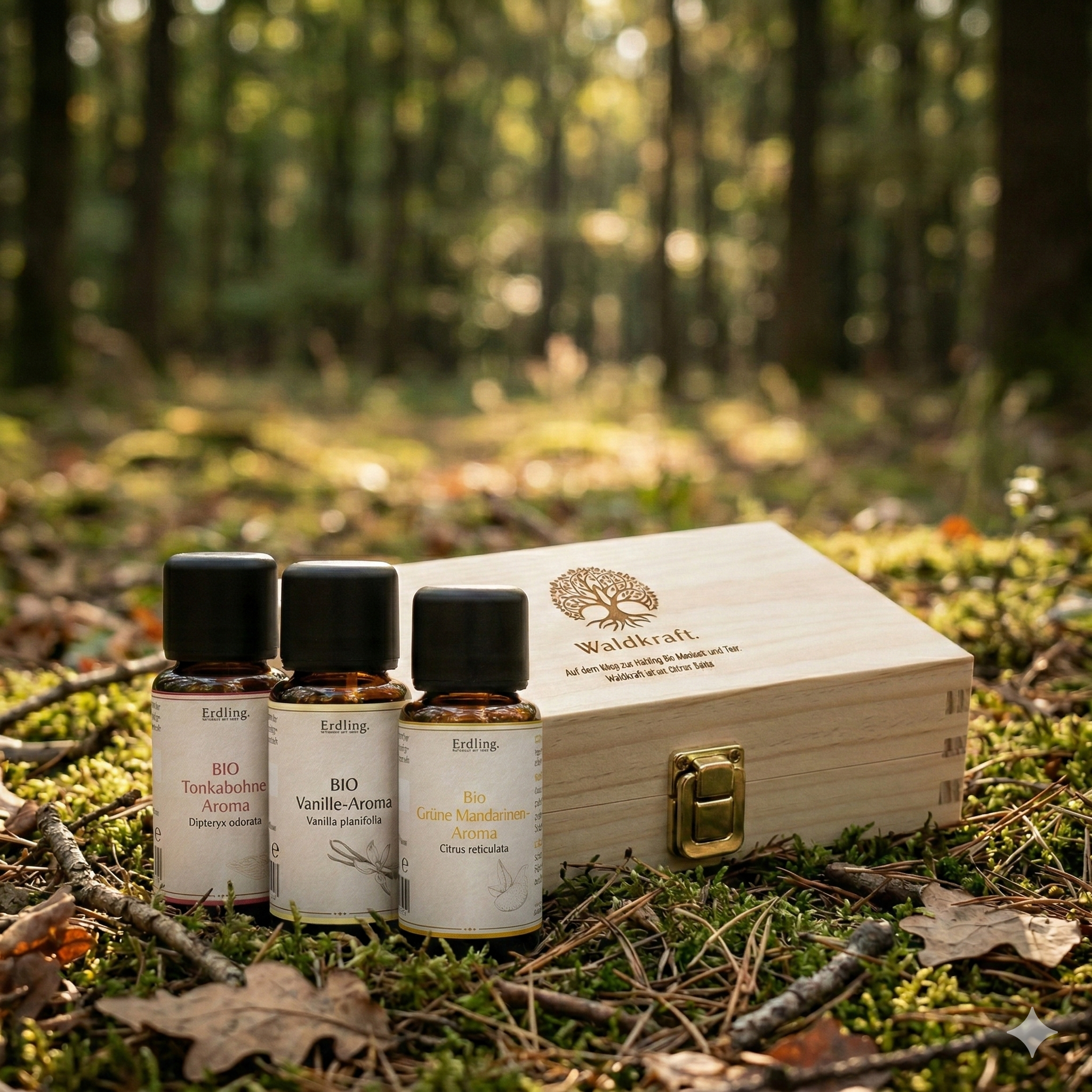 Set: BIO Aromen Herzensruhe - Mandarine + Vanille + Tonka + gratis Holzbox - 3x10ml