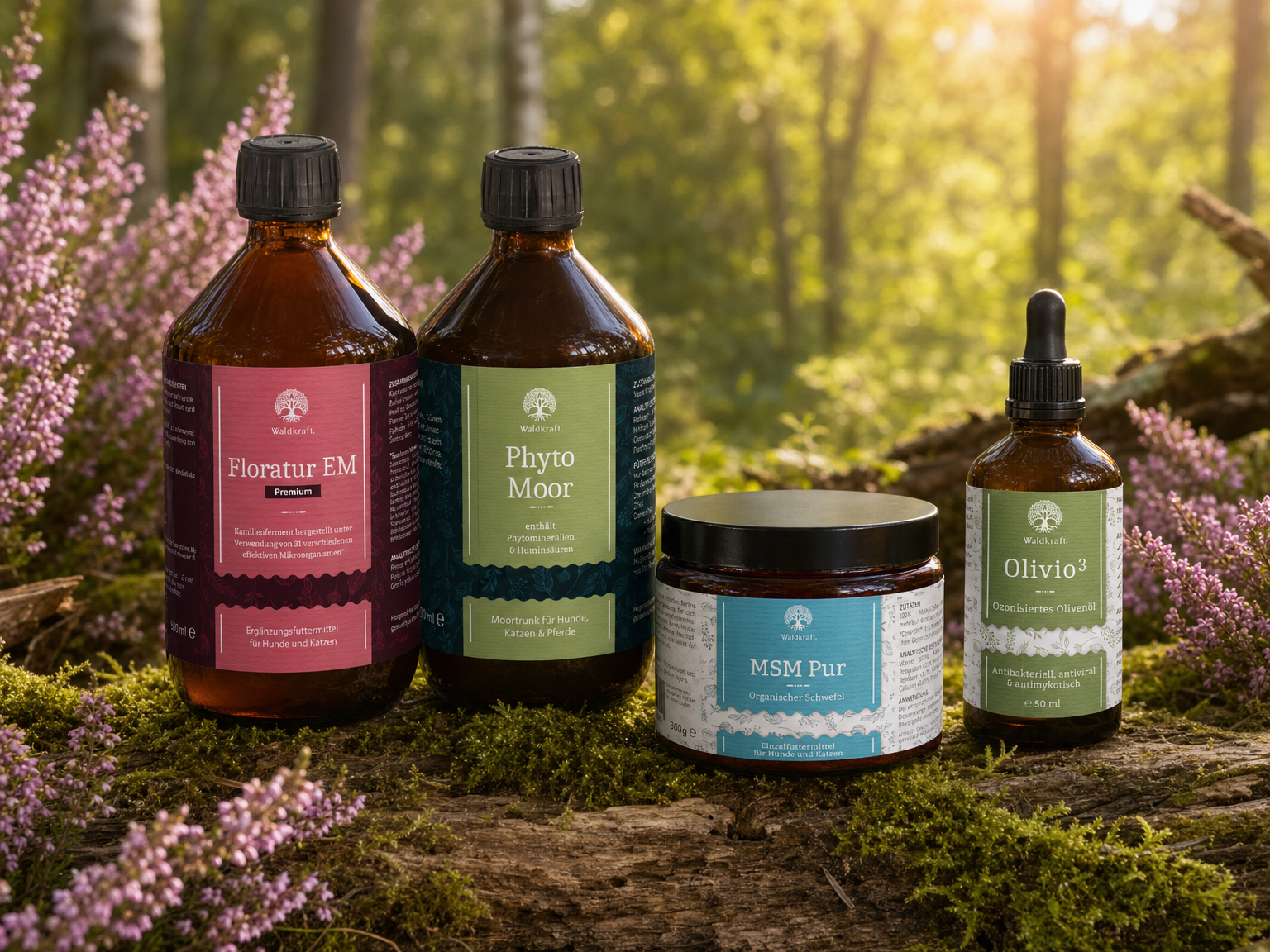 Juckreiz-Bundle für kleine Hunde - 1x Floratur EM Premium 510ml + 1x Phyto Moor 500ml + 1x MSM Pur Tiegel 360g + 1x Olivio³ 50ml
